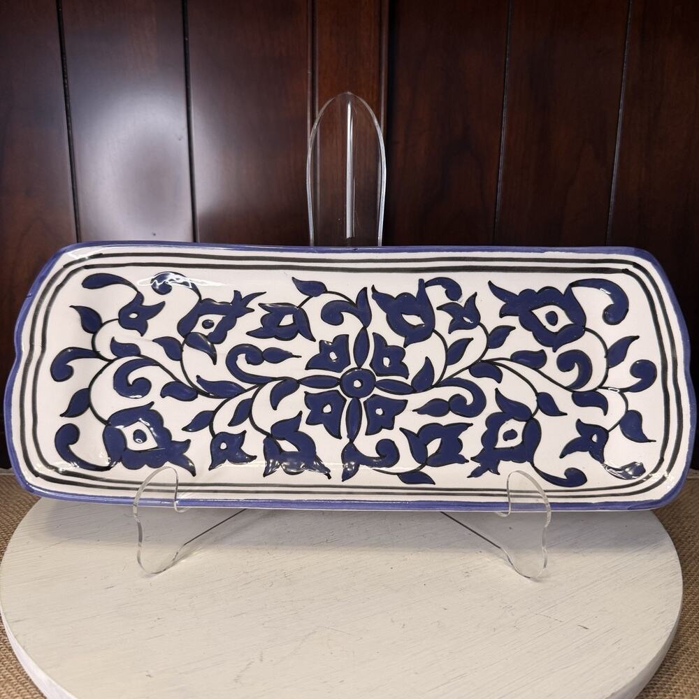 Poterie Slama Handpainted Serving Tray Blue And White 14x5.5”